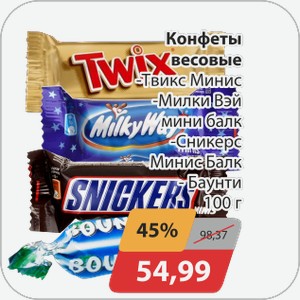 Конфеты весовые -Твикс Минис, -Милки Вэй мини балк, -Сникерс минис-балк, -Баунти 100 г