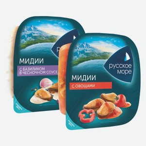 Салат из мяса мидий с базиликом в чесночном соусе, с овощами Русское море 150 г