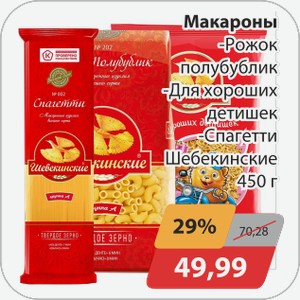 Макароны -Рожок полубублик, -Для хороших детишек, -Спагетти Шебекенские 450 г