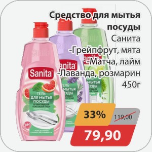 Средство для мытья посуды Санита -Грейпфрут и мята, -Матча и лайм, -Лаванда и розмарин 450 г