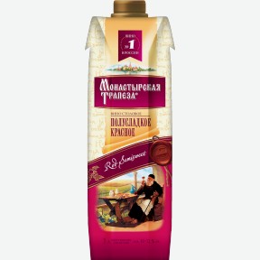 Вино красное полусладкое «Монастырская трапеза», 1 л, 10.4 %, Россия