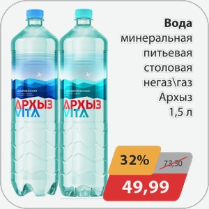 Вода минеральная питьевая столовая негаз/газ Архыз 1,5 л