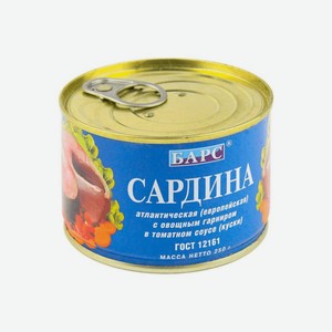 Сардина Барс атлантическая с овощным гарниром в т/с ж/б №6 с ключом 250г