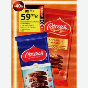 Молочный шоколад «Россия» с карамелью и арахисом / кофе с молоком 82 г