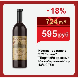 Крепленое вино с ЗГУ  Крым   Портвейн красный Южнобережный  кр. 18% 0,75л