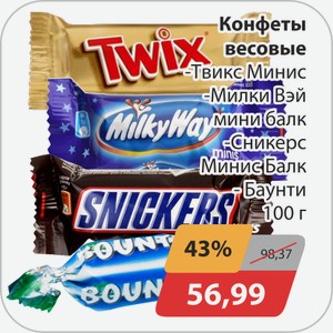Конфеты весовые -Твикс Минис, -Милки Вэй, Сникерс Минис, -Баунти 100 г
