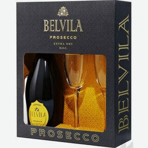 Вино игристое Belvila Prosecco, 0.75 л, подарочная упаковка + 2 бокала