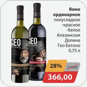 Вино ординарное полусладкое -красное, -белое Алазанская Долина Гео Батоно 0,75 л