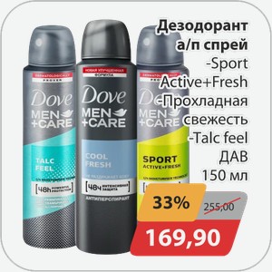 Дезодорант а/п спрей Sport Active+Fresh, -Прохладная свежесть, -Talc feel ДАВ 150 мл
