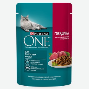 Корм влажный для кошек PURINA ONE С ГОВЯДИНОЙ И МОРКОВЬЮ 75Г, , ,