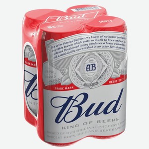 Пиво BUD СВЕТЛ. ФИЛЬТР. ПАСТЕР. Ж/Б. 4х0,45Л МУЛЬТИПАК