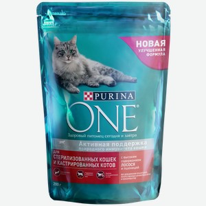 Корм сухой для стерилизованных кошек PURINA ONE С ЛОСОСЕМ И ПШЕНИЦЕЙ 200Г, , ,