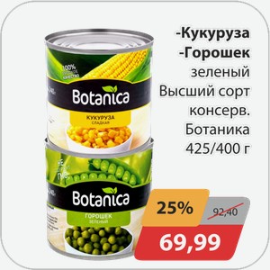 Кукуруза, -Горошек зеленый Высший сорт консерв Ботаника 425/400 г