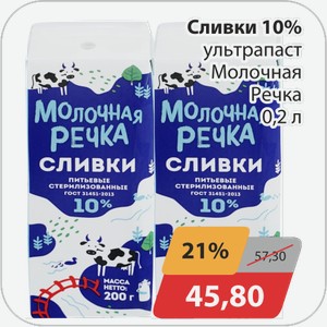 Сливки 10% ультрапаст Молочная Речка 0,2 л