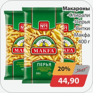 Макароны -Спирали, -Перья, -Витки Макфа 400 г