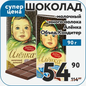 Шоколад Аленка молочный, много молока 90 г Объед.Кондитер