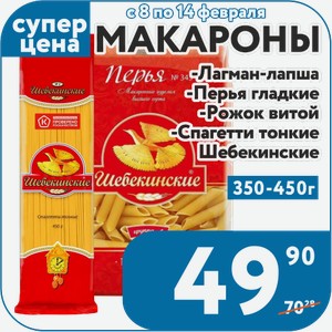 Макароны Лагман-лапша 350 г, Перья гладкие 450 г, Рожок витой 450 г, Спагетти тонкие 450 г Шебекинские