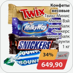 Конфеты весовые -Твикс Минис, -Милки Вэй мини балк, -Сникерс минис балк, -Баунти 1 кг