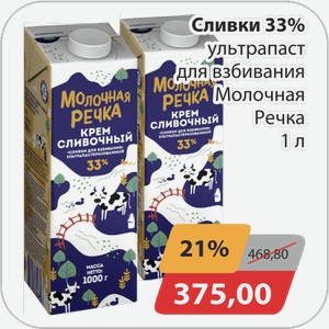 Сливки 33% ультрапаст для взбивания Молочная Речка 1 л