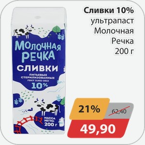 Сливки 10% ультрапаст Молочная Речка 200 г