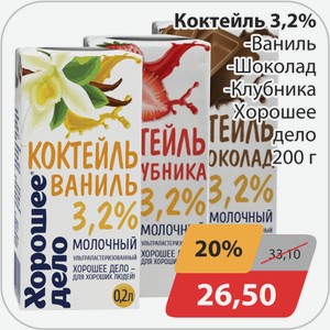 Коктейль 3,2% -Ваниль, -Шоколад, -Клубника Хорошее дело 200 г