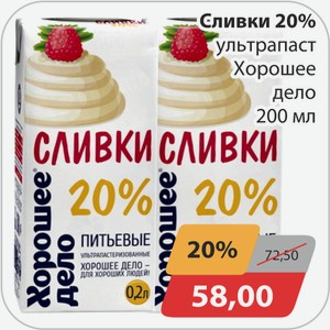 Сливки 20% ультрапаст Хорошее дело 200 мл