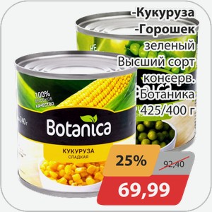 Кукуруза, -Горошек зеленый высший сорт Ботаника 425/400 г
