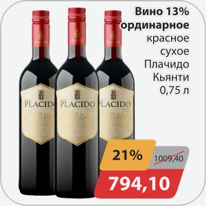 Вино 13% ординарное красное сухое Плачидо Кьянти 0,75 л
