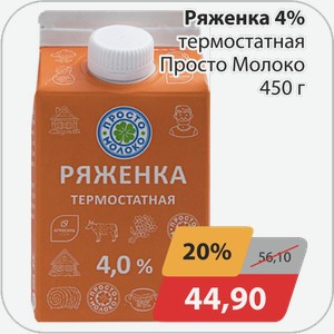 Ряженка 4% термостатная Просто Молоко 450 г