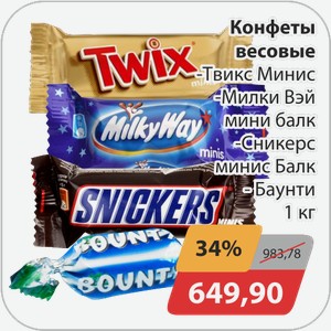 Конфеты весовые -твикс минис, -милки вей мини, -баунти ,-сникерс 1кг