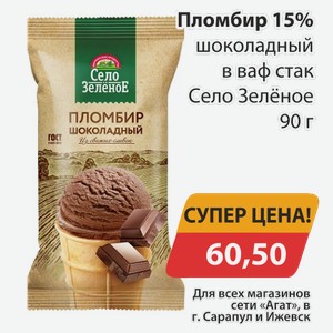 Пломбир 15% шоколадный в ваф стак Село Зеленое 90 г