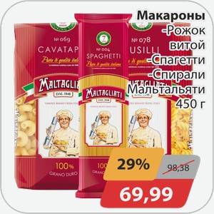 Макароны -Рожок витой, -Спагетти, -Спирали Мальтальяти 450 г