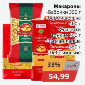 Макароны -Бабочки 350 г, -Вермишелька 400 г, -Спагетти тонкие 450 г, -Лагман-лапша 350 г Шебекинские