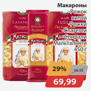 Макароны -Рожок витой, -Рожки, -Спагетти, -Спирали Мальтальяти 450 г