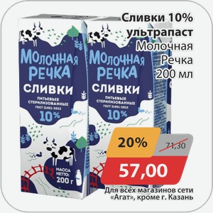 Сливки 10% ультрапаст. Молочная речка 200 мл