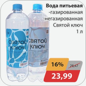 Вода питьевая -газированная, -негазированная Святой ключ 1 л