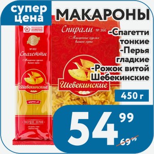 Макароны спагетти тонкие, перья гладкие, рожок витой Шебекинские 450 г