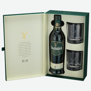 Виски Glenfiddich 12 лет 0,75 л в подарочной упаковке + 2 стакана