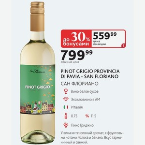 PINOT GRIGIO PROVINCIA DI PAVIA - SAN FLORIANO САН ФЛОРИАНО Вино белое сухое Италия 0.75л %11.5