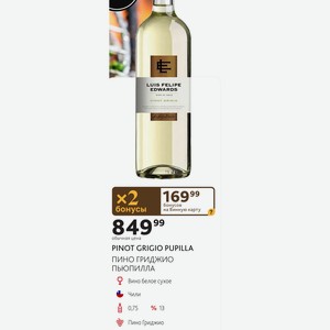 Вино белое сухое PINOT GRIGIO PUPILLA ПИНО ГРИДЖИО ПЬЮПИЛЛА Чили 0,75л %13