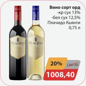 Вино сорт орд кр.сух 13%, -бел сух 12,5% Плачидо Кьянти 0,75л