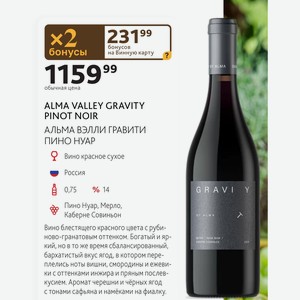 ALMA VALLEY GRAVITY PINOT NOIR АЛЬМА ВЭЛЛИ ГРАВИТИ ПИНО НУАР Вино красное сухое Россия 0,75л % 14