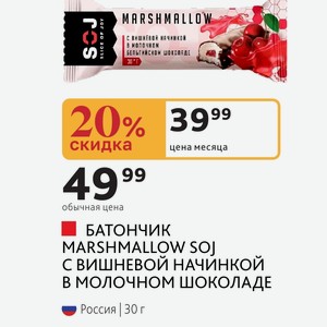 БАТОНЧИК MARSHMALLOW SOJ С ВИШНЕВОЙ НАЧИНКОЙ В МОЛОЧНОМ ШОКОЛАДЕ Россия 30 г