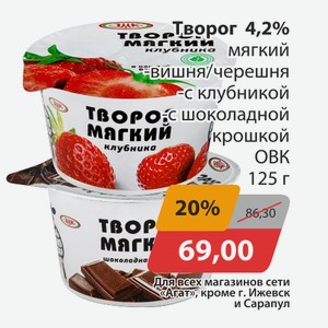 Творог 4,2% мягкий вишня/черешня, -с клубникой, -с шоколадной крошкой ОВК 125г