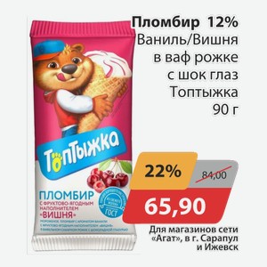 Пломбир 12% Ваниль/Вишня в ваф. Рожке с шок.глаз Топтыжка 90г