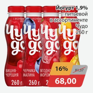 Йогурт 1,9% питьевой в ассортименте Чудо 260г