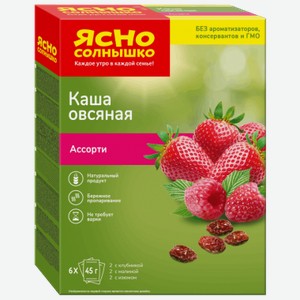 Готовые завтраки, каши, мюсли Каша овсяная Ассорти №1 (клубника, малина, изюм) быстрого приготовления 6 пакетиков по 45 г "Ясно солнышко"