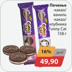 Печенье сахарное Funny Сat со вкусом -какао ваниль, какао клубника 158г
