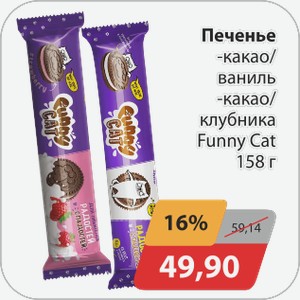 Печенье -какао/ваниль, -какао/клубника Funny Cat 158 г