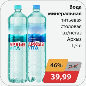 Вода минеральная питьевая негаз/газ спорт Архыз 1,5 л